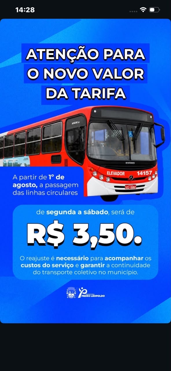 Tarifa do transporte coletivo de Pedro Leopoldo sobe para R$ 3,50 a partir de agosto