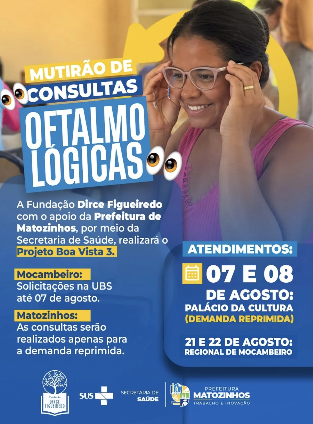 Mutirão de consultas oftalmológicas será realizado em Matozinhos e Mocambeiro