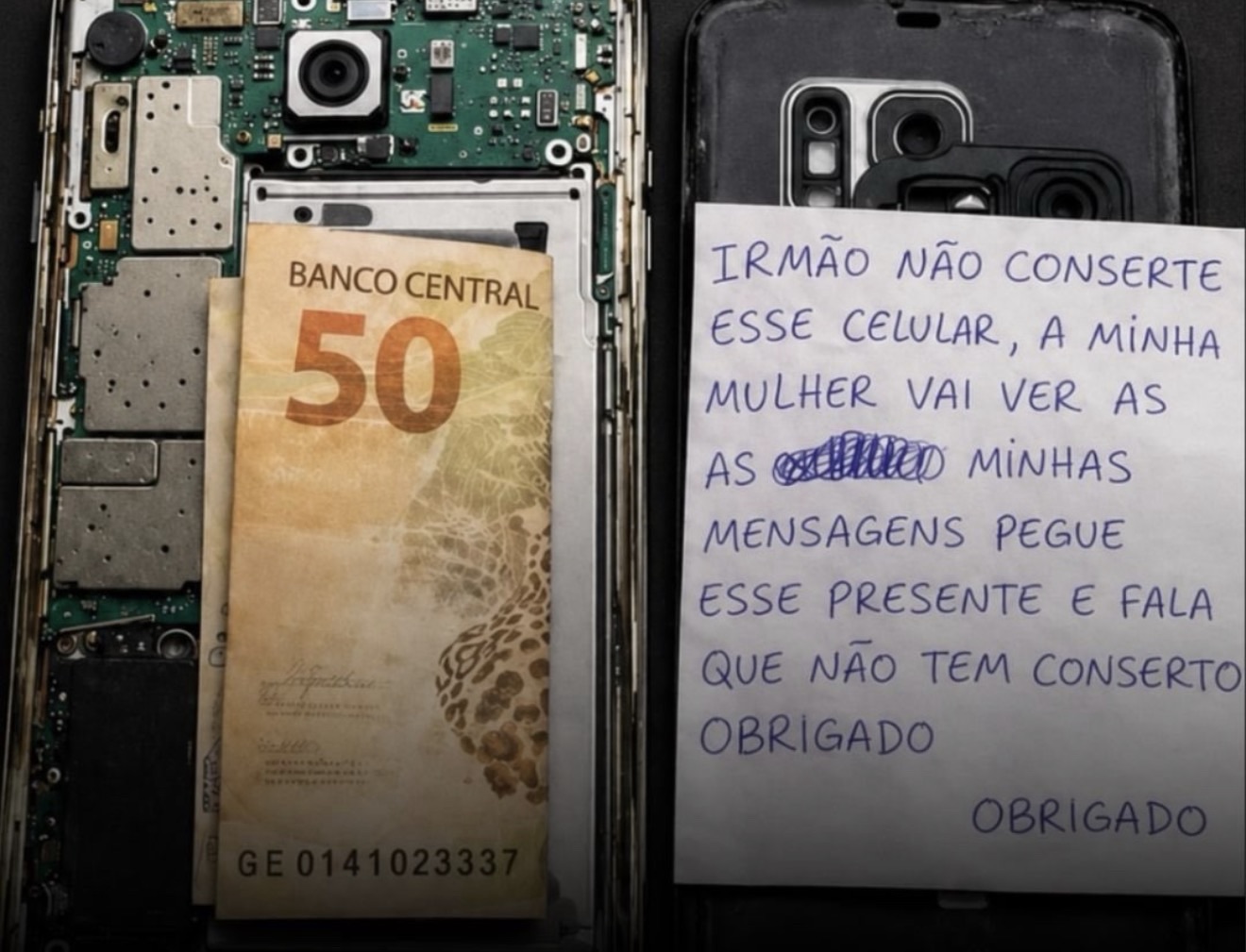Técnico encontra dinheiro e bilhete escondidos dentro de celular com pedido inusitado