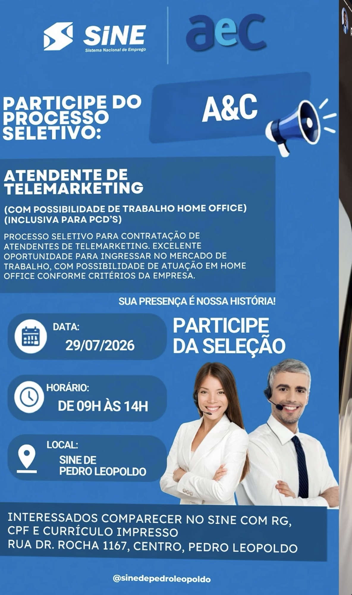 Sine de Pedro Leopoldo realiza seleção para vagas de telemarketing com opção de home office