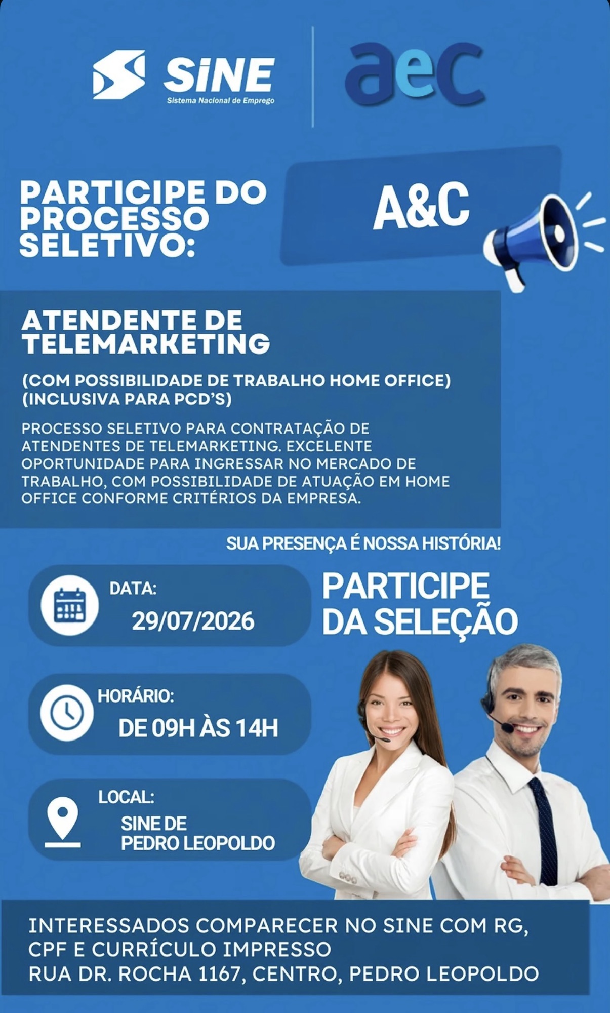 Sine de Pedro Leopoldo realiza seleção para vagas de telemarketing