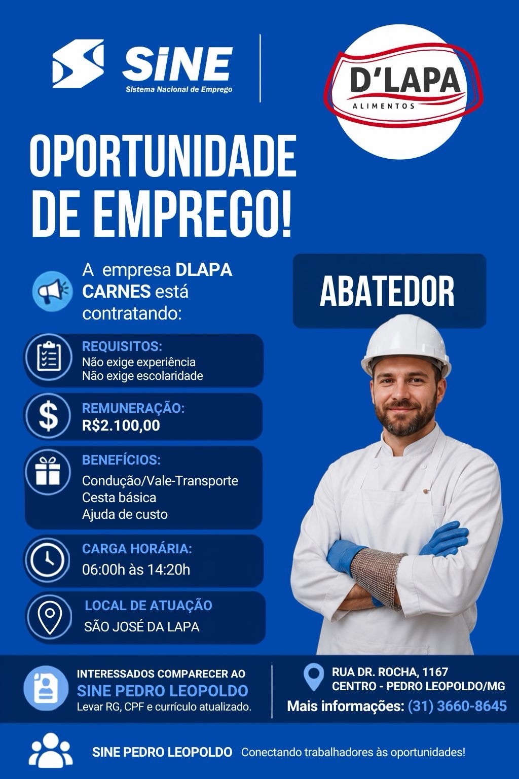 Sine de Pedro Leopoldo anuncia vaga de abatedor em São José da Lapa