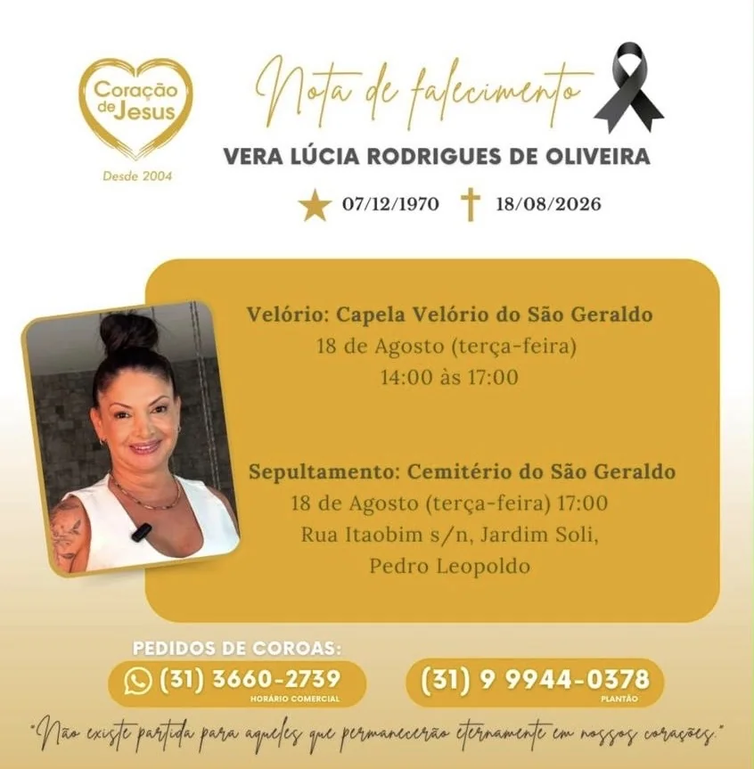 Velório e sepultamento de Verinha serão hoje em Pedro Leopoldo