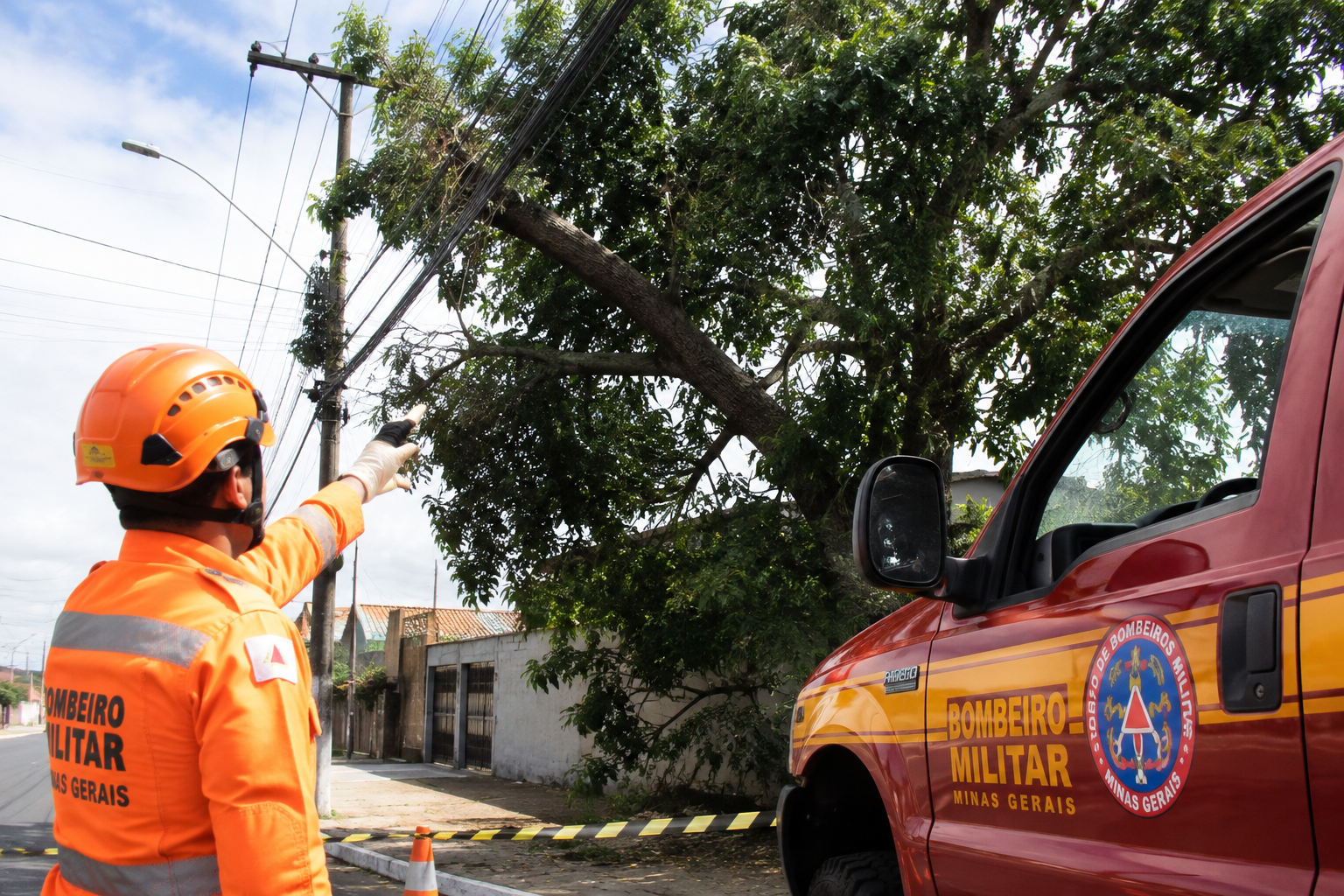 Bombeiros identificam risco de queda de árvore próximo à rede elétrica em Sete Lagoas