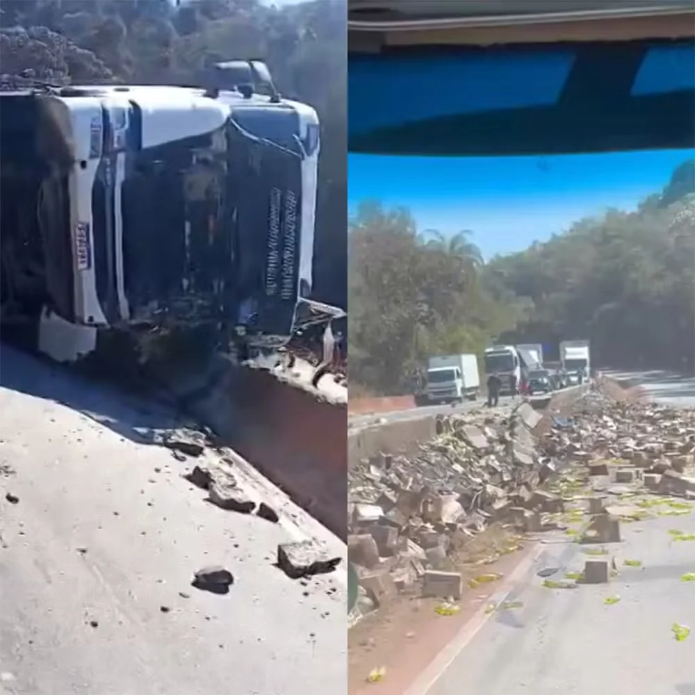 Carreta com detergente tomba e interdita Fernão Dias