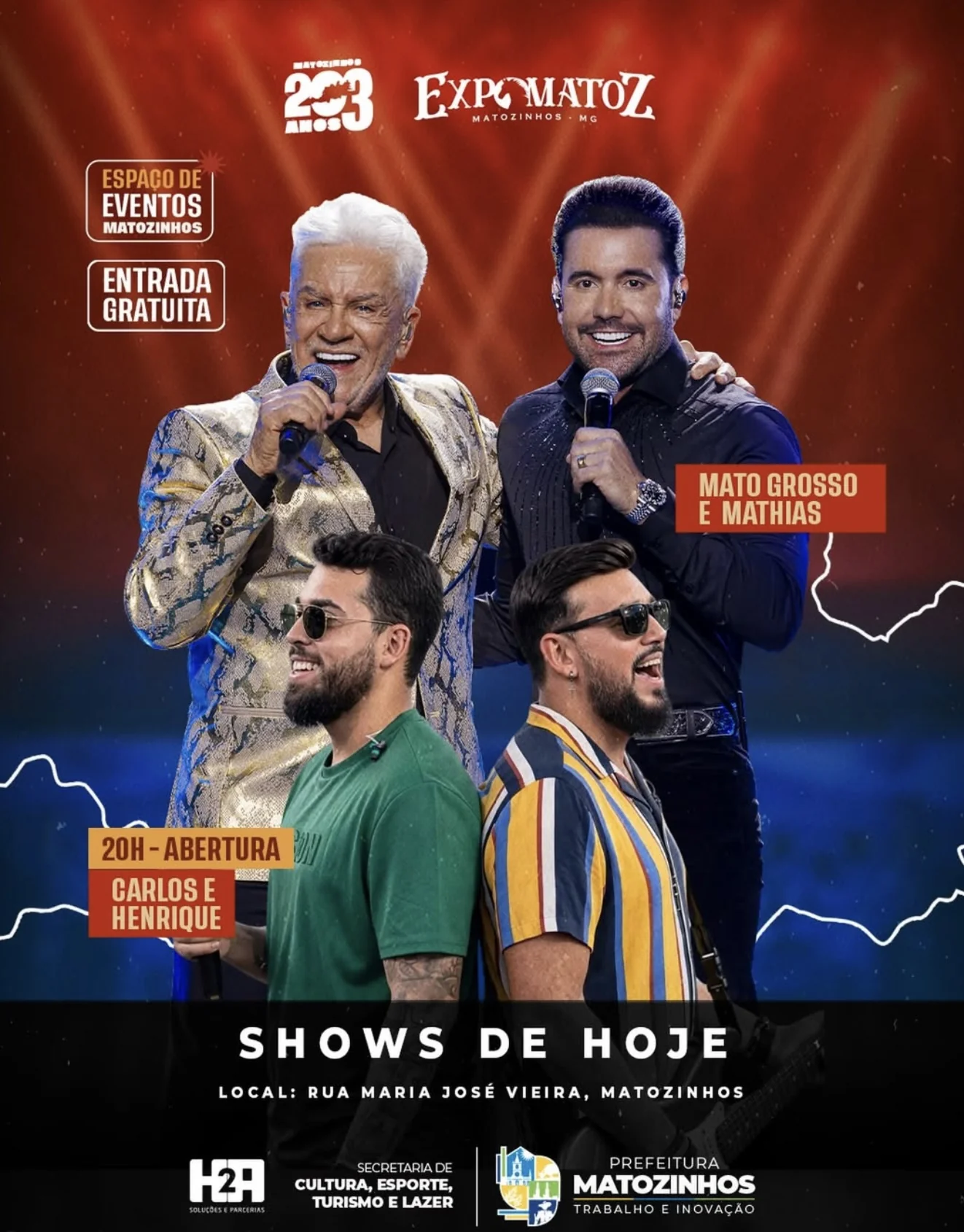 ExpoMatoz celebra 203 anos de Matozinhos com shows de Carlos e Henrique e Matogrosso & Mathias nesta sexta