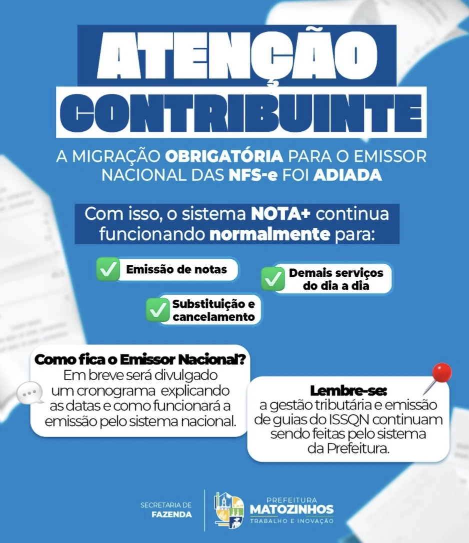 Prefeitura de Matozinhos adia migração obrigatória da Nota Fiscal de Serviços para o Emissor Nacional