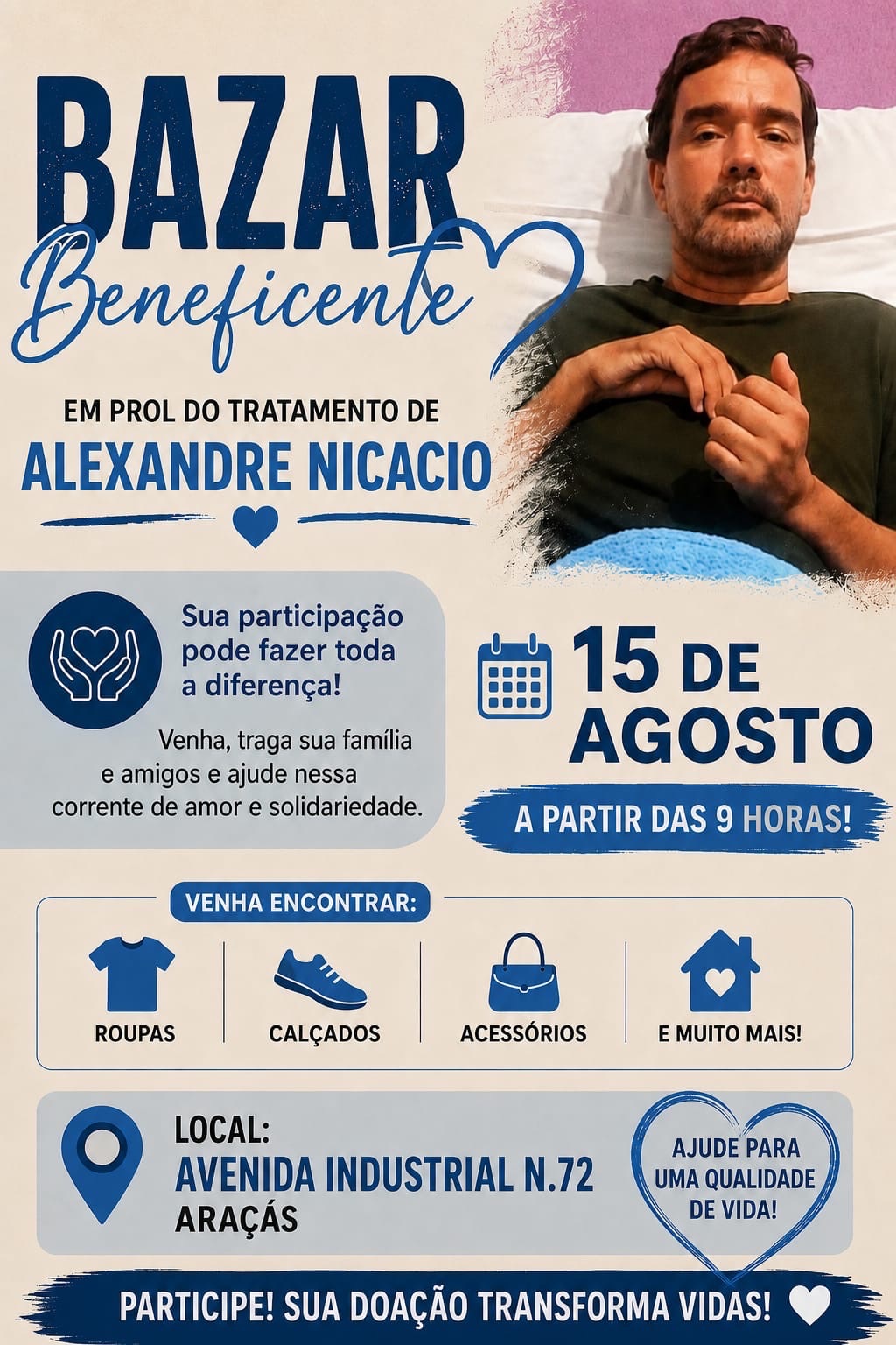 Bazar beneficente vai arrecadar recursos para tratamento de Alexandre Nicacio