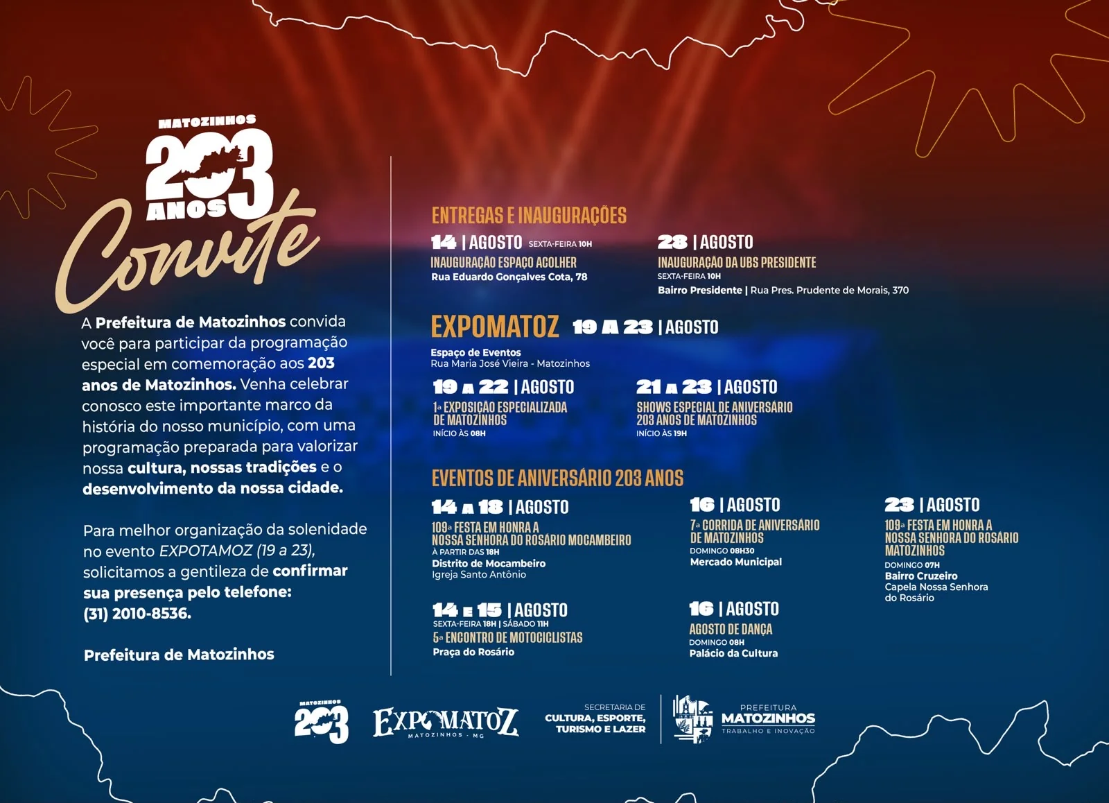 Matozinhos celebra 203 anos com programação especial em agosto