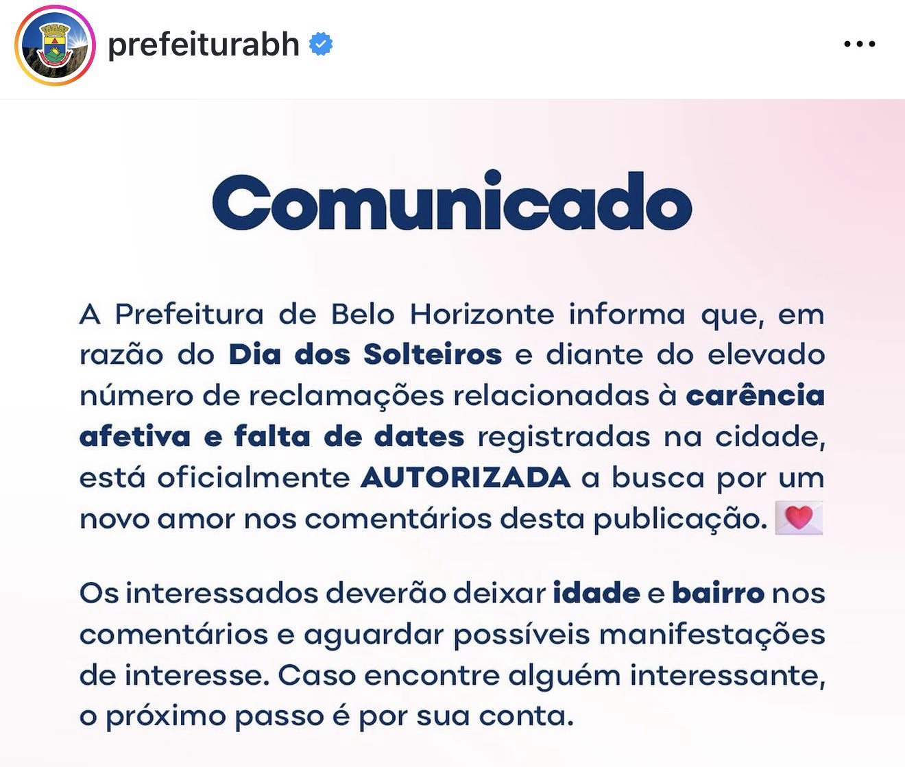 Prefeitura de BH “libera” solteiros para procurar um novo amor