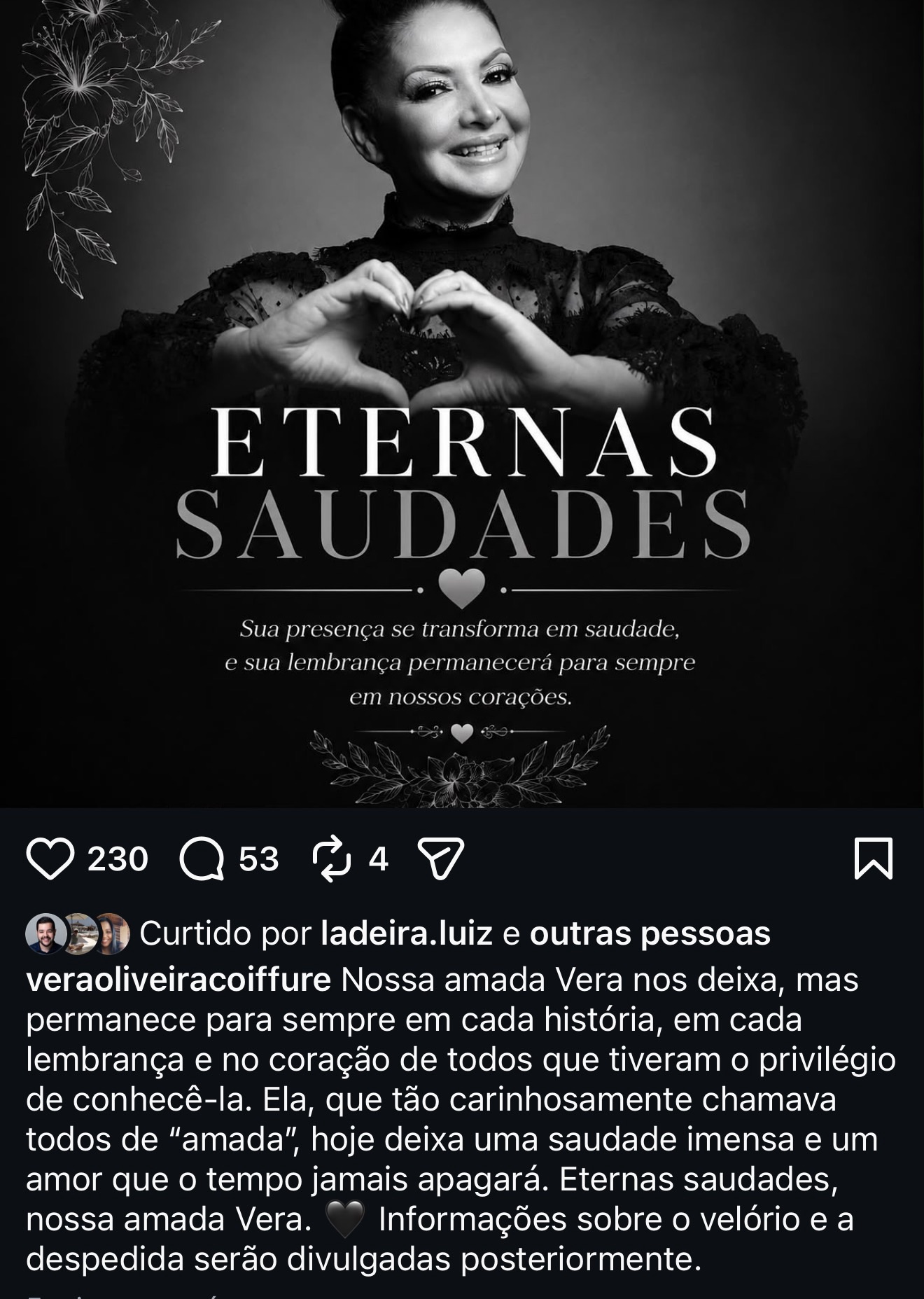 Perfil oficial de Verinha publica despedida: “Nossa amada Vera nos deixa”