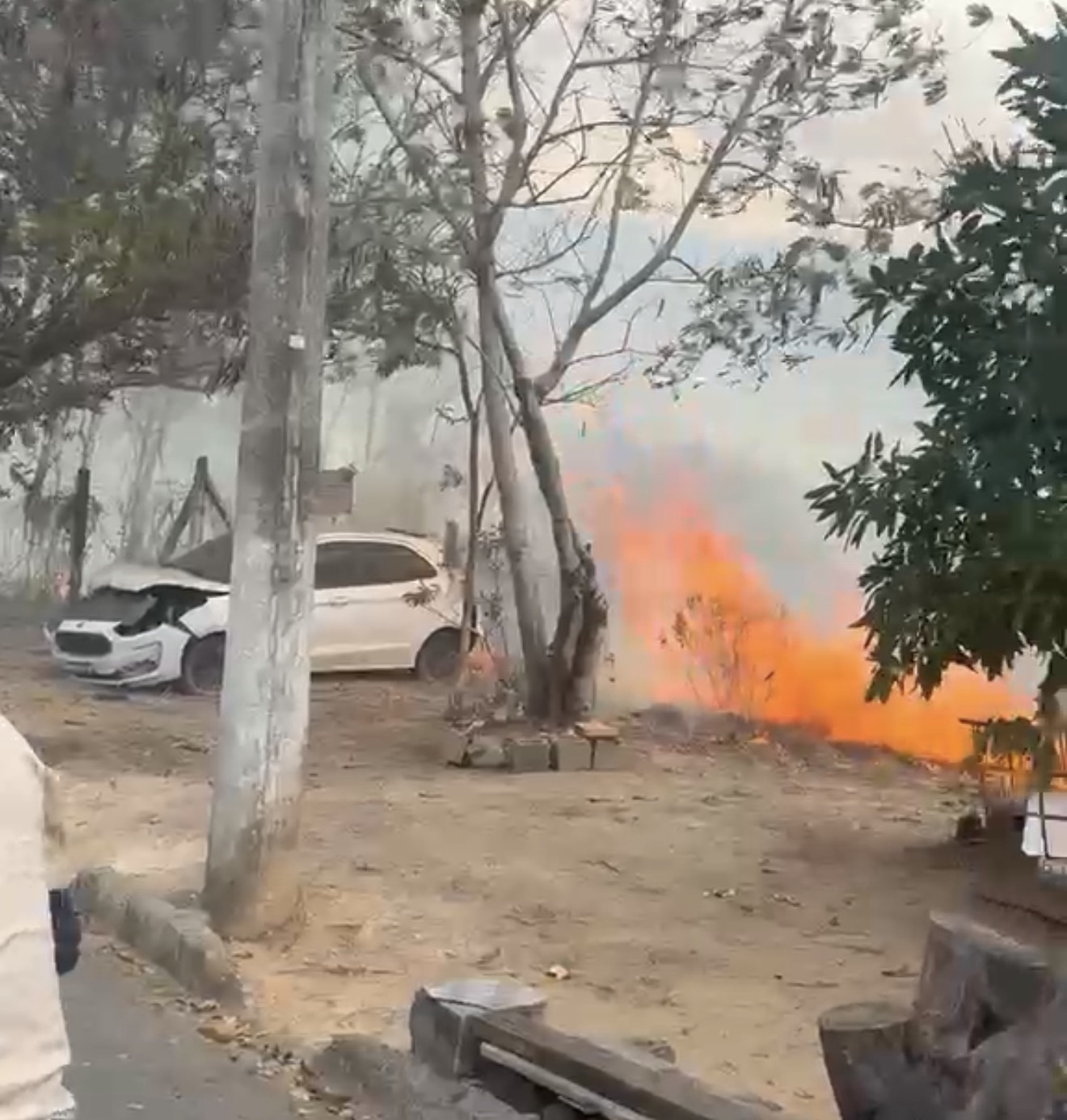 VÍDEO: Incêndio intenso em vegetação suspende aulas da tarde e mobiliza equipes próximo ao NEC, em Pedro Leopoldo