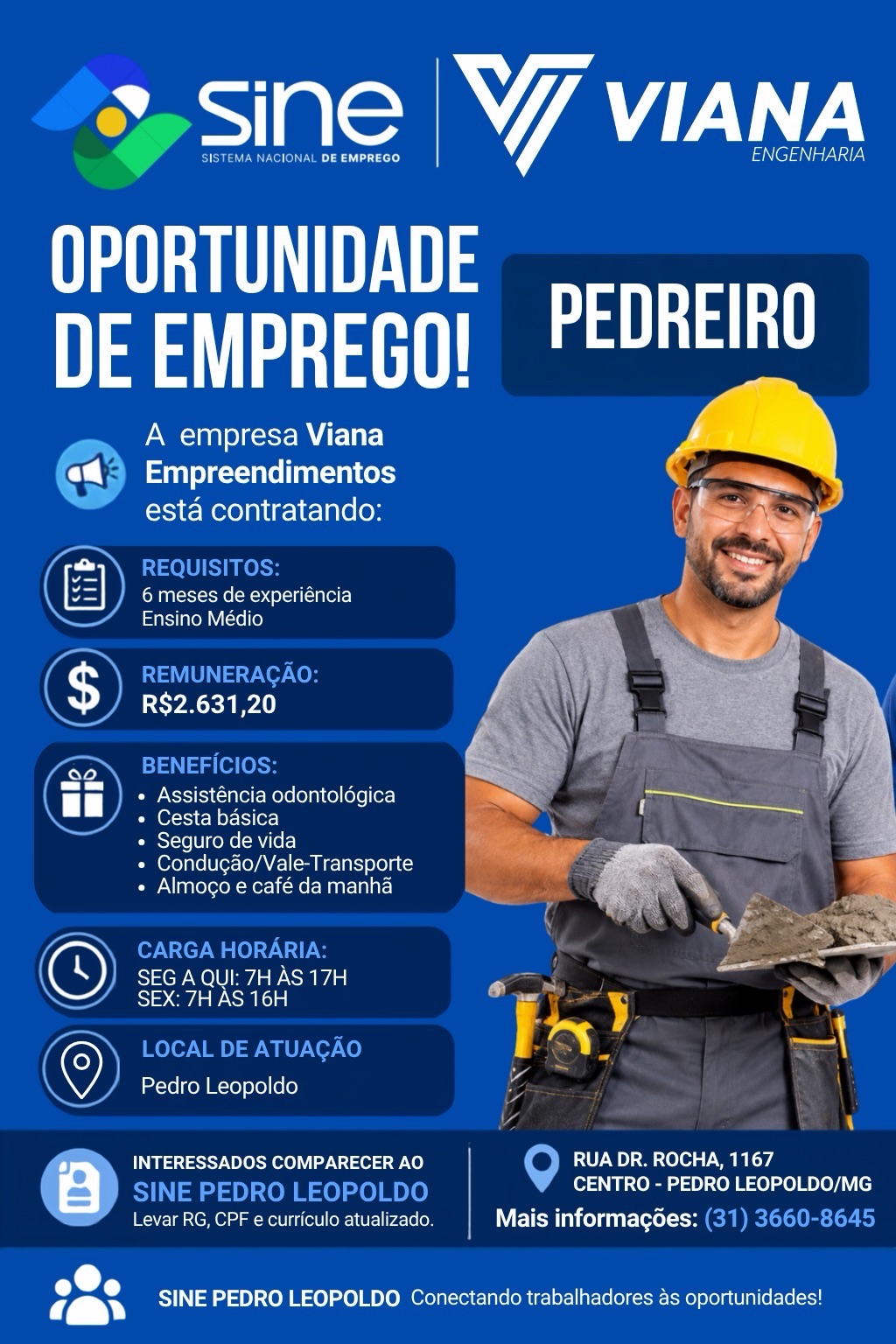 Vaga para pedreiro oferece salário de R$ 2.631,20 em Pedro Leopoldo