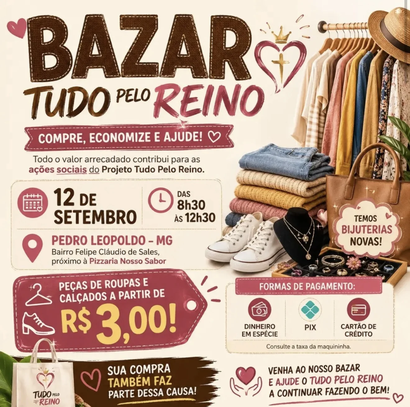 Bazar em Pedro Leopoldo terá roupas e calçados a partir de R$ 3
