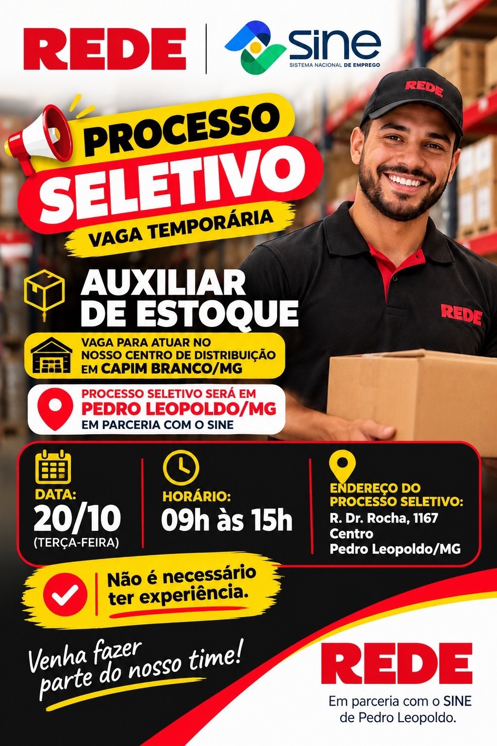 Rede oferece 35 vagas temporárias para auxiliar de estoque em Capim Branco