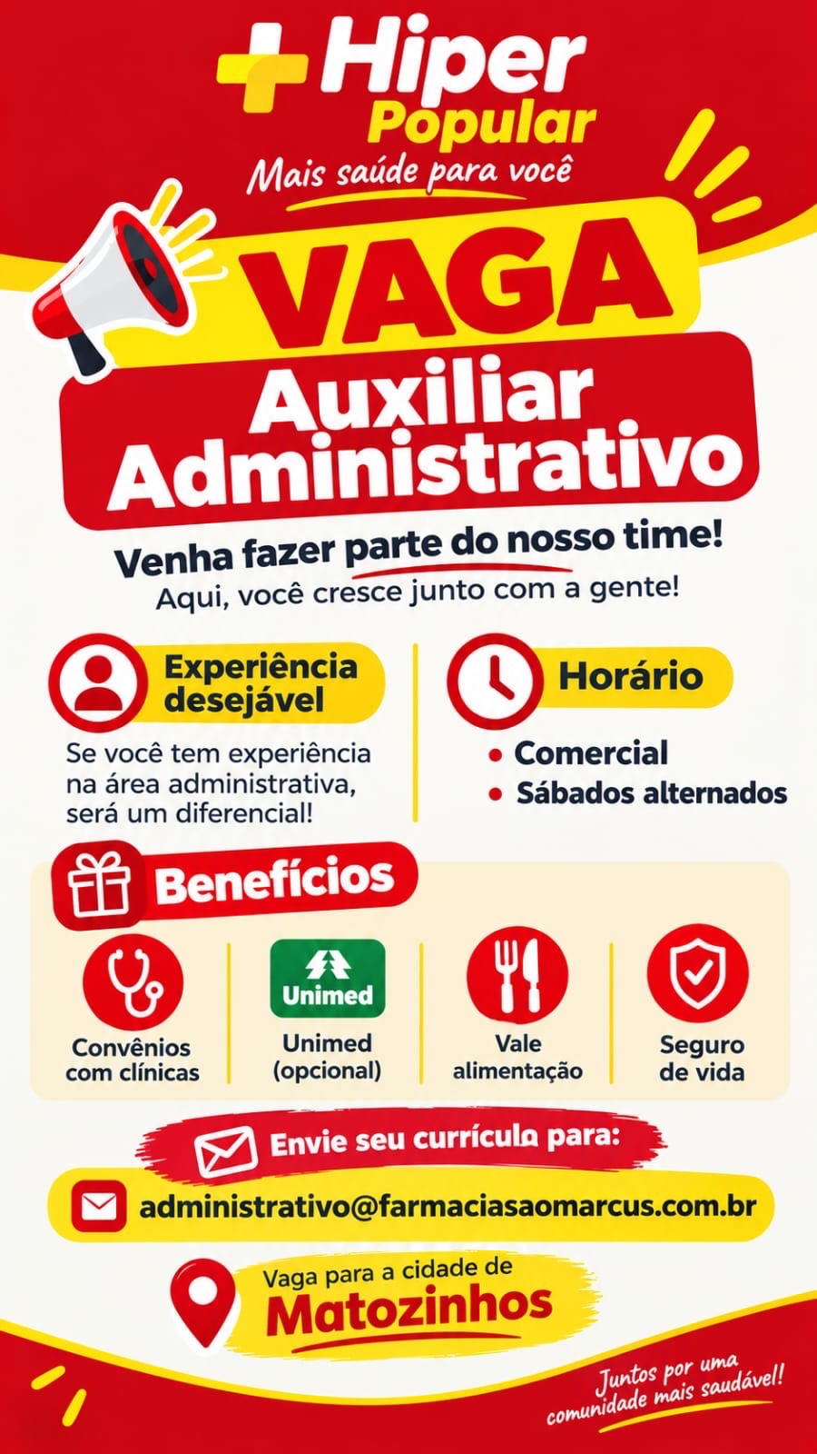 Hiper Popular abre vaga para auxiliar administrativo em Matozinhos