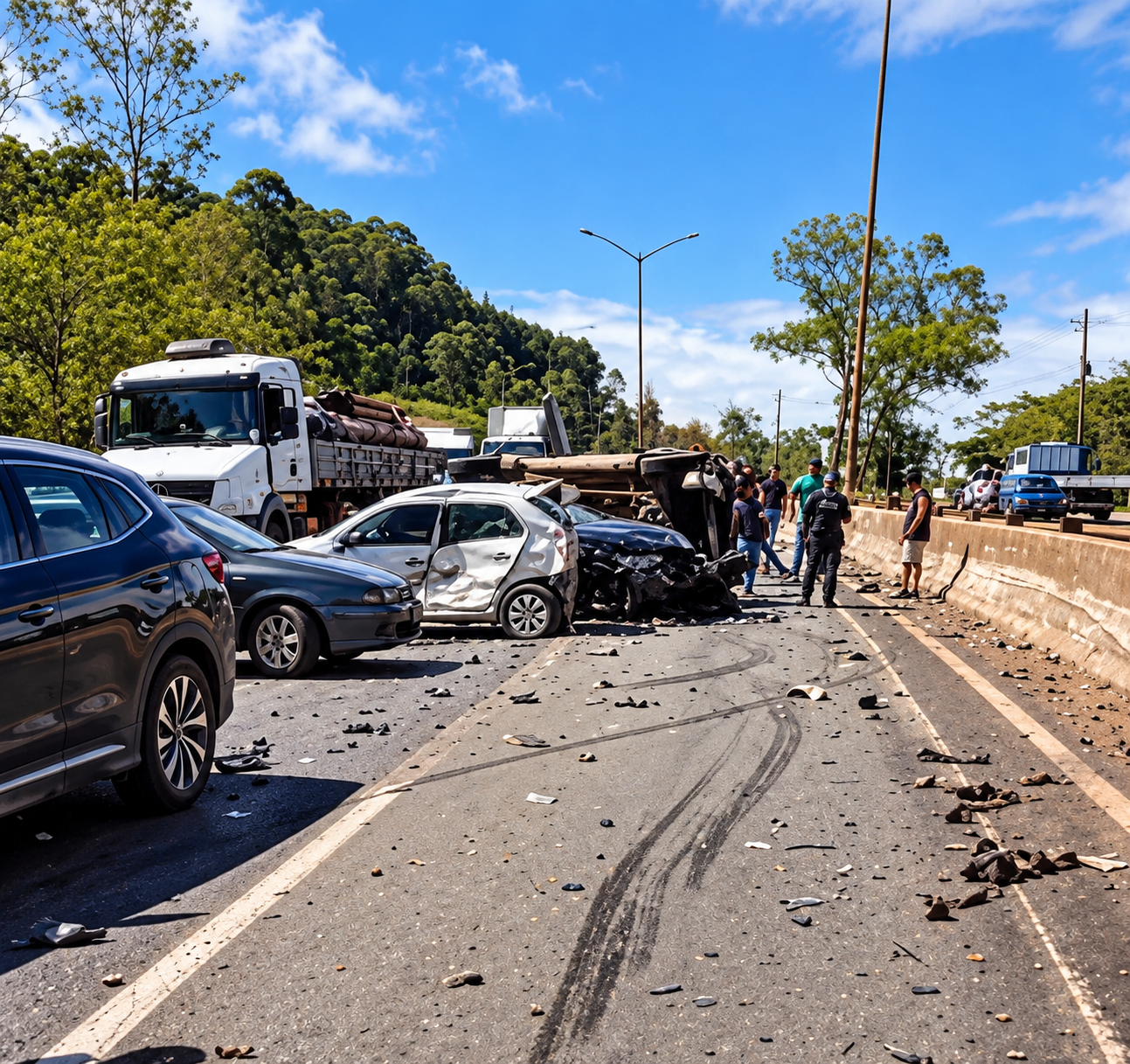 Grave acidente com carreta envolve quatro caminhões e trava a BR-040 nos dois sentidos