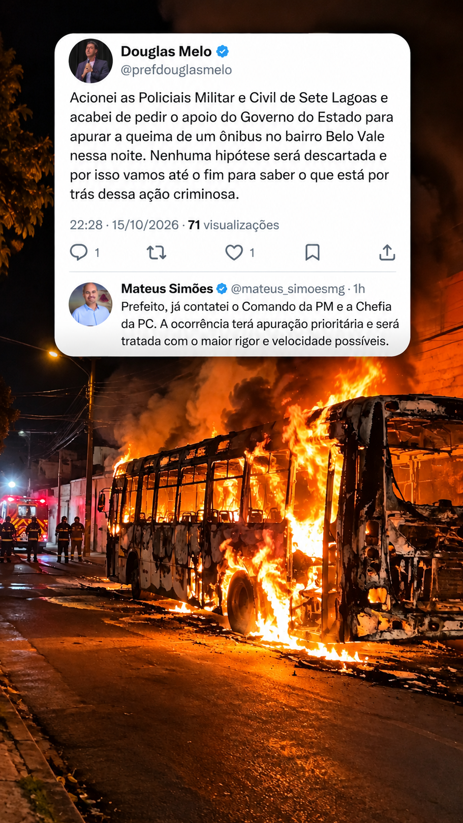 Governador de MG determina apuração rigorosa após incêndio de ônibus em Sete Lagoas