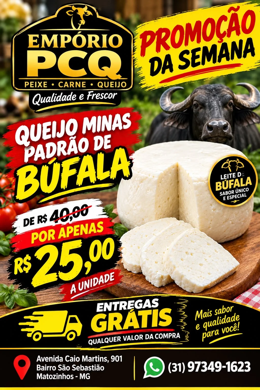 Empório PCQ lança promoção de queijo minas padrão de búfala por R$ 25 em Matozinhos