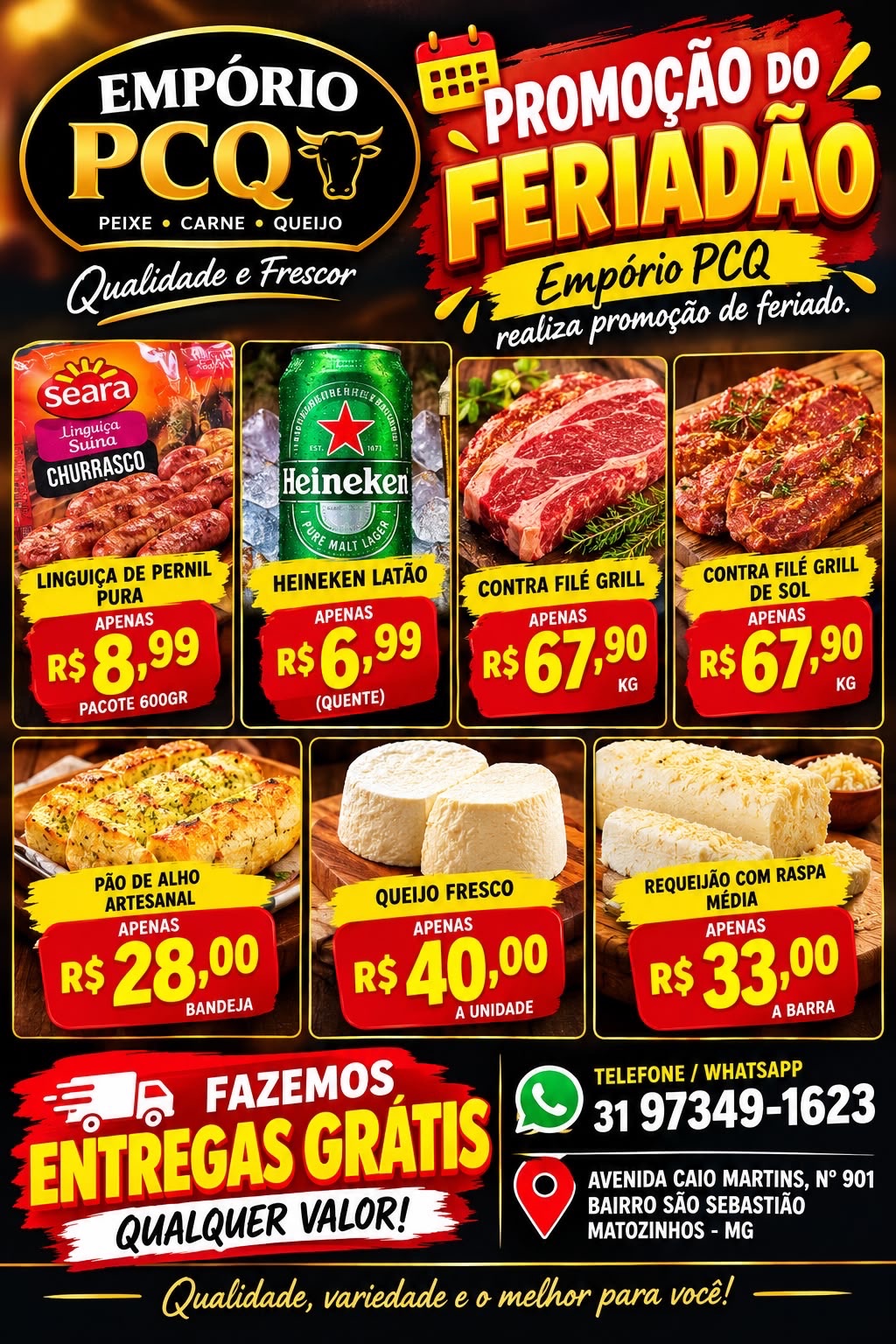 Empório PCQ anuncia promoção de feriadão com carnes, bebidas, queijos e entrega grátis em Matozinhos