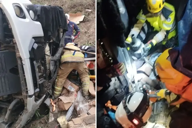 Caminhão tomba na BR-381, em Minas, e motorista fica preso às ferragens