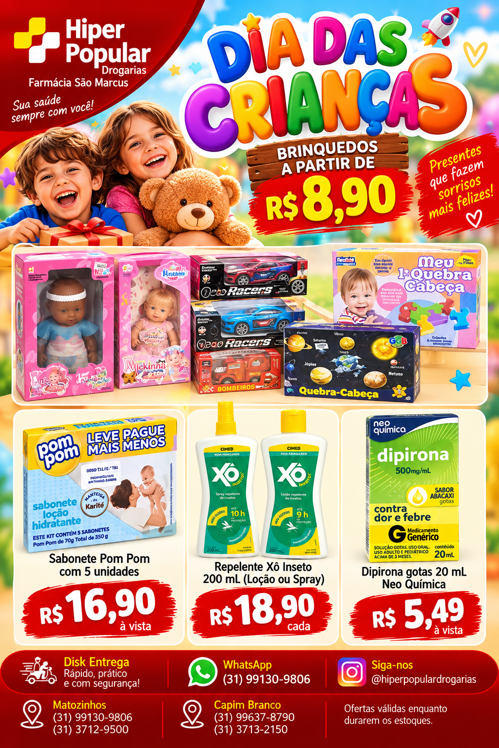 Hiper Popular tem brinquedos a partir de R$ 8,90 para o Dia das Crianças em Matozinhos