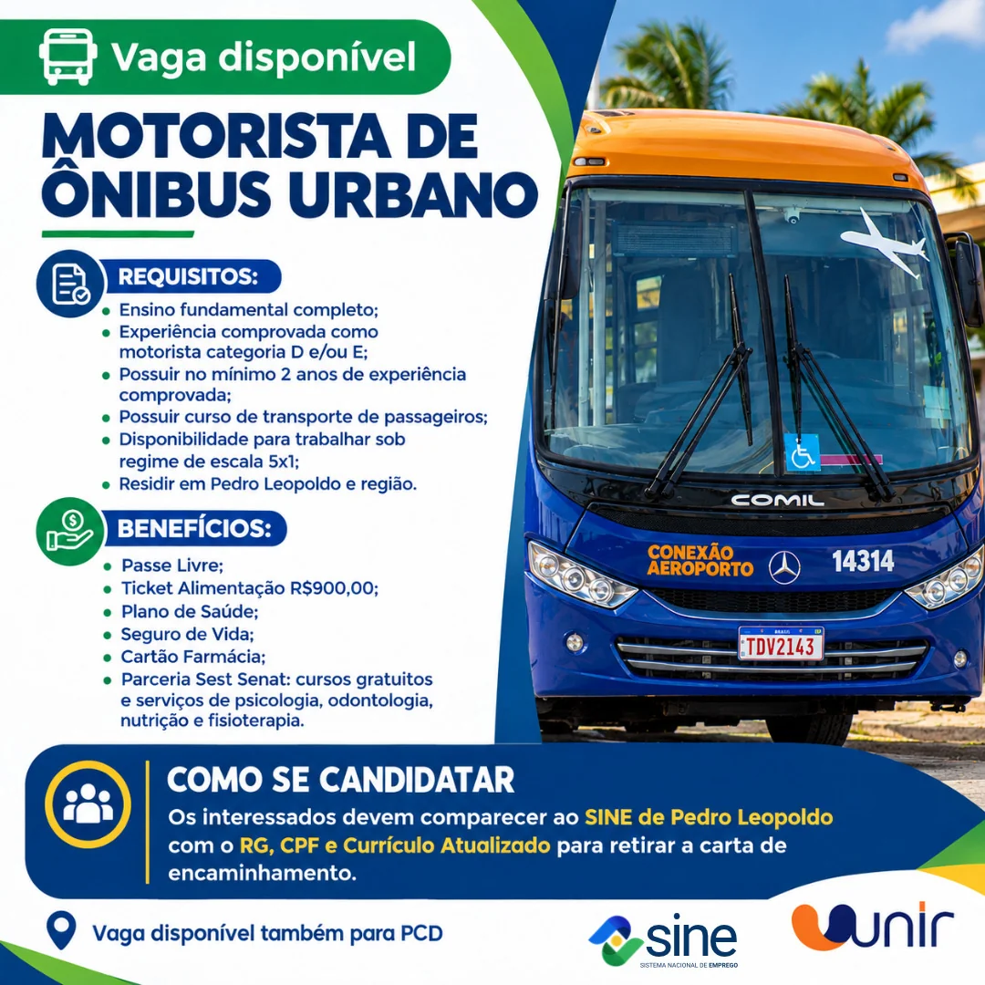 Vaga para motorista de ônibus oferece ticket de R$ 900 e outros benefícios em Pedro Leopoldo