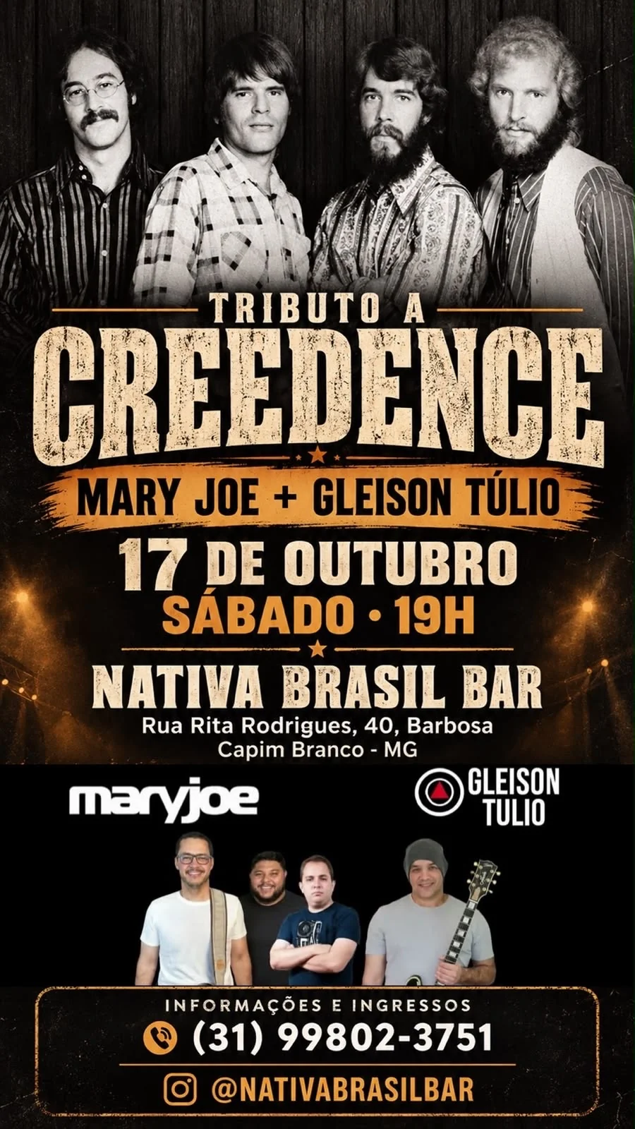 Tributo ao Creedence promete noite de rock em Capim Branco neste sábado
