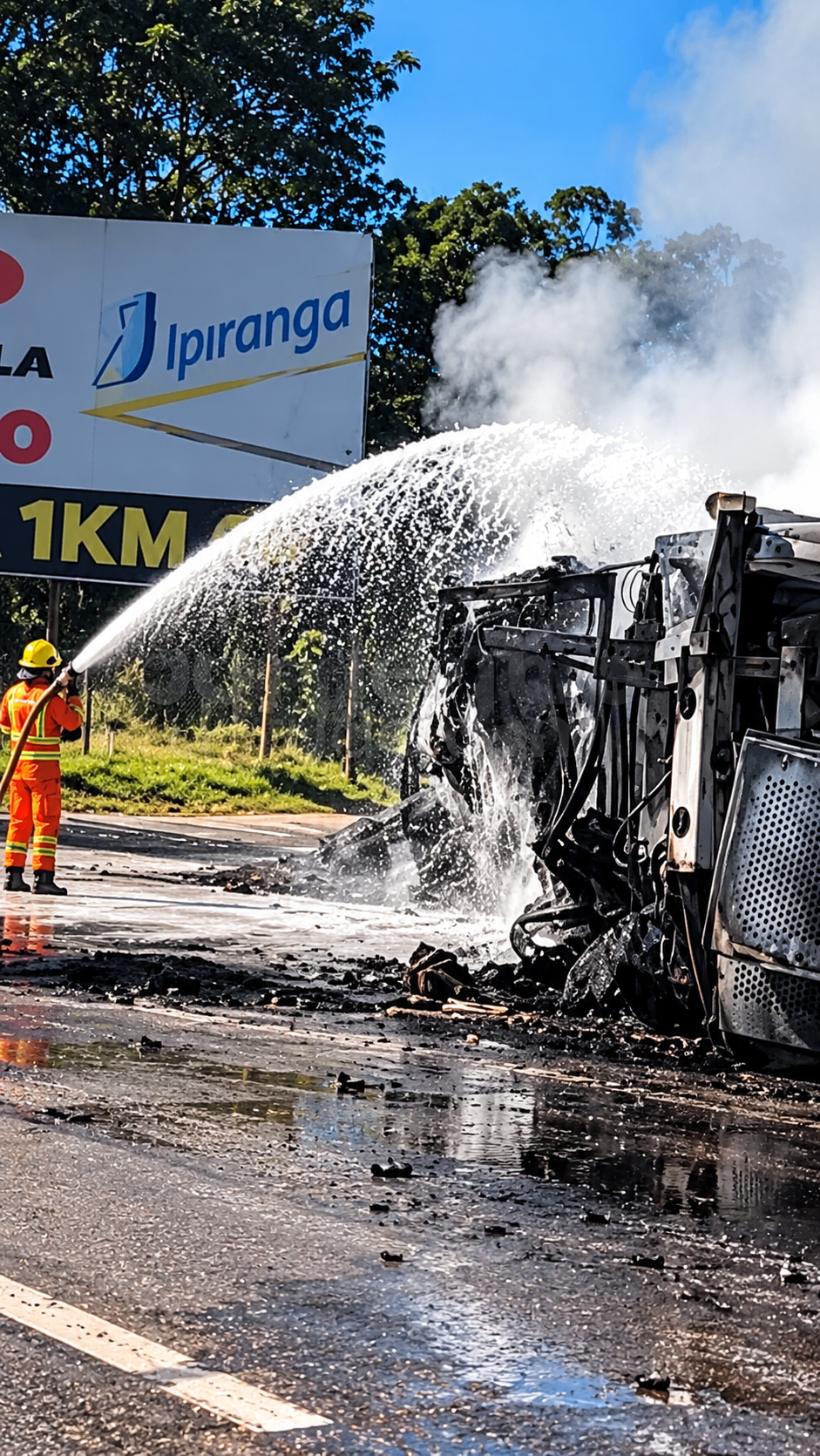 VÍDEO: Carreta carregada com brita e piche pega fogo na BR-040, em Pedro Leopoldo