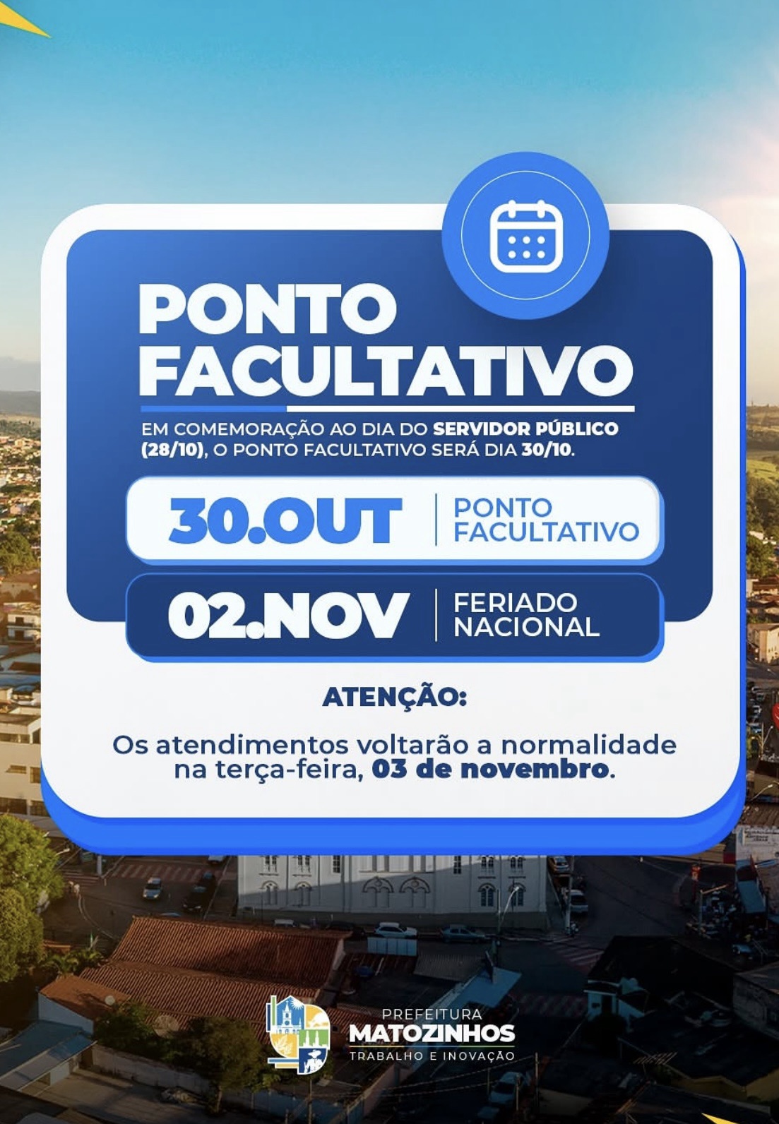 Prefeitura de Matozinhos terá ponto facultativo nesta sexta-feira