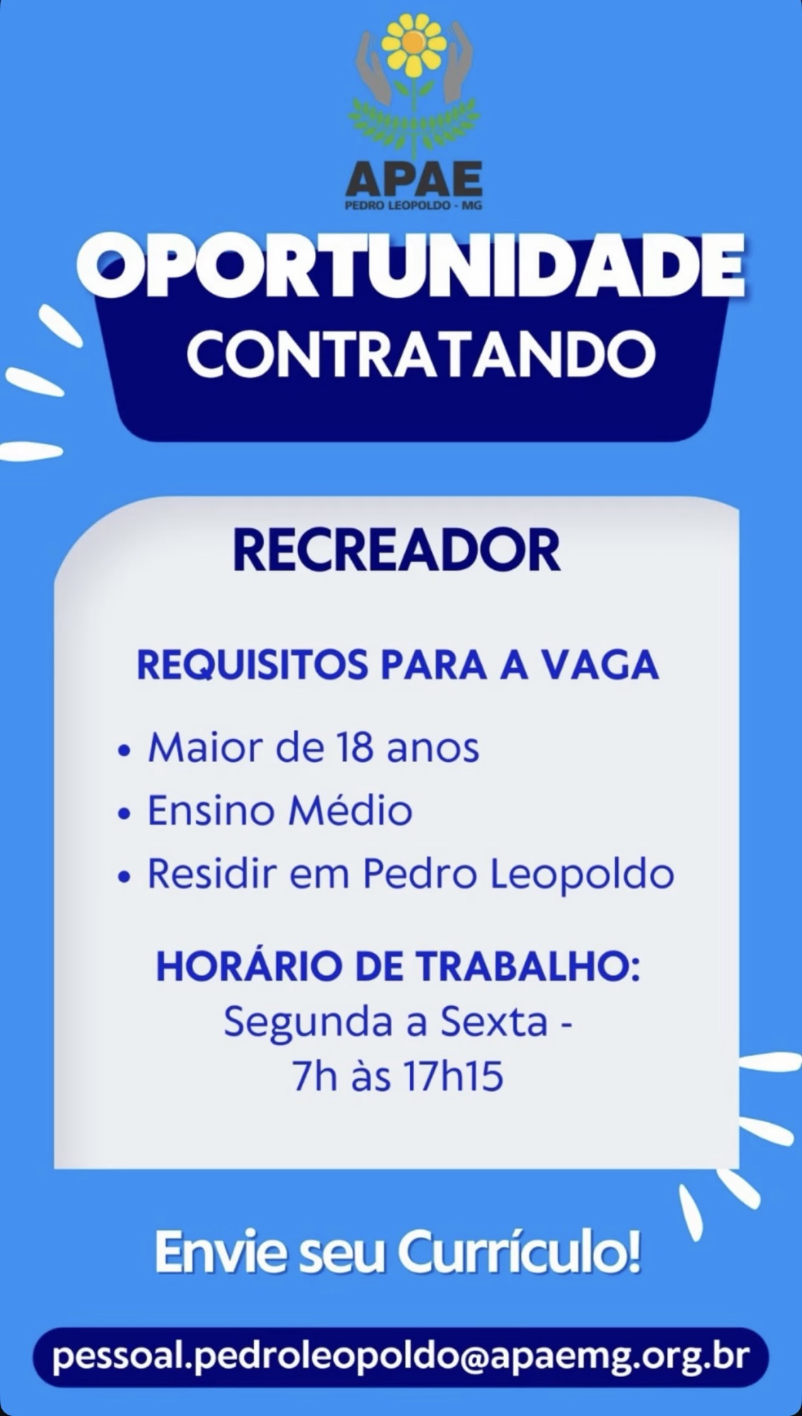APAE de Pedro Leopoldo abre vaga de emprego para recreador