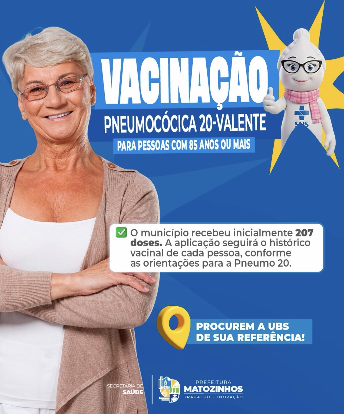 Matozinhos inicia vacinação contra pneumococo para pessoas com 85 anos ou mais
