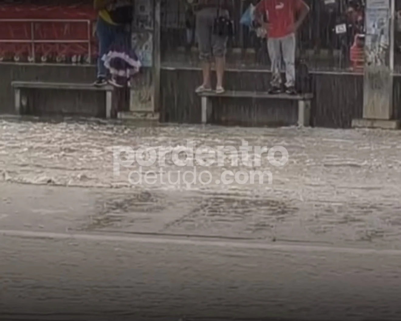 VÍDEO: Pedestres sobem em banco de ponto de ônibus para não se molhar durante alagamento em Matozinhos