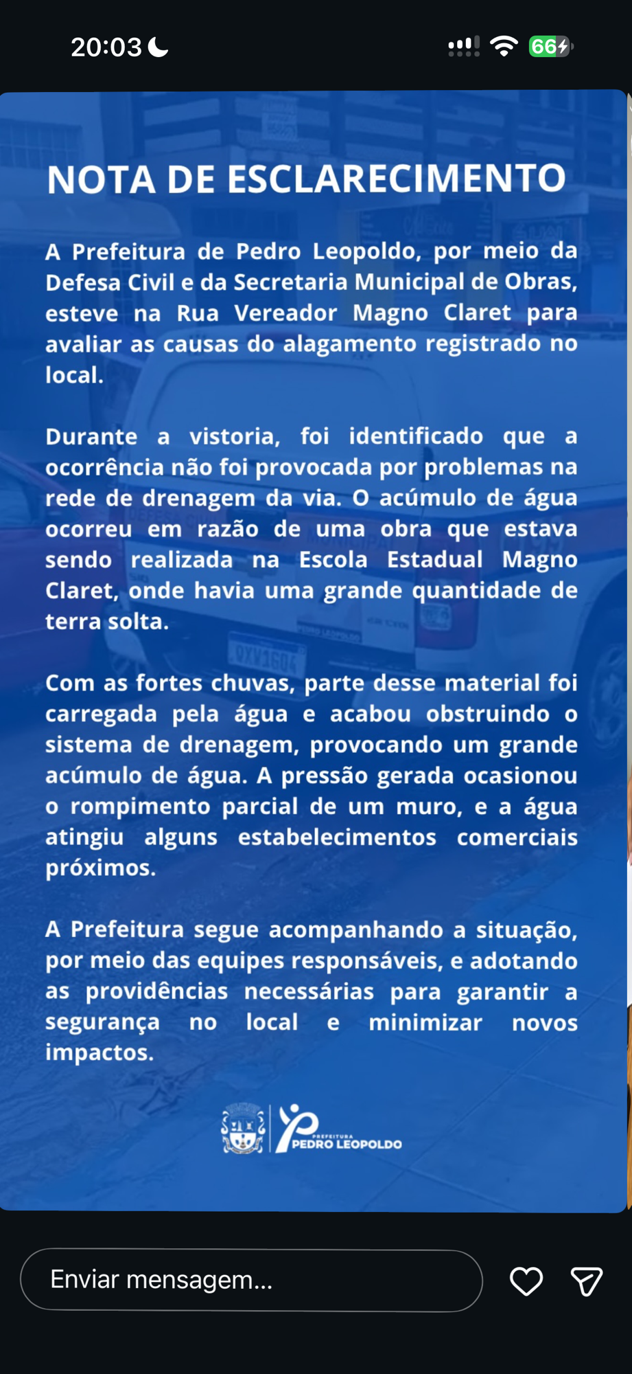 Prefeitura de Pedro Leopoldo emite nota de esclarecimento sobre alagamento na Rua Magno Claret