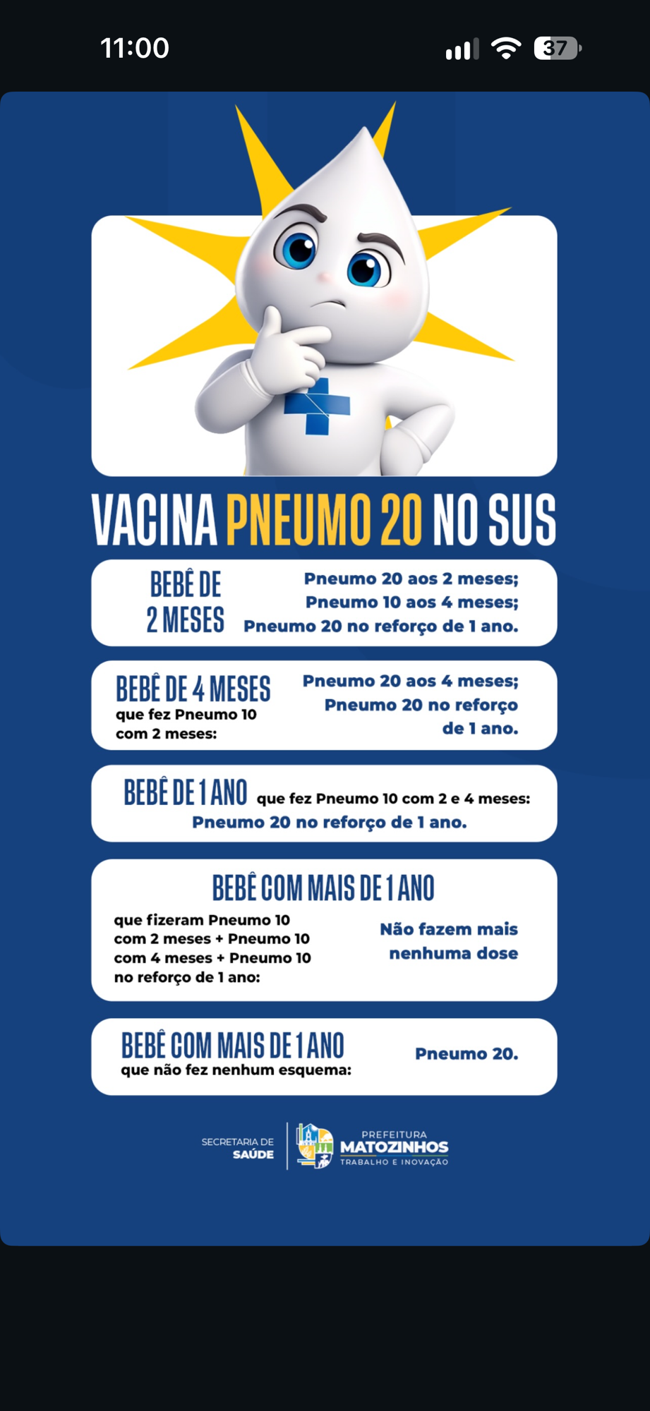 Matozinhos esclarece dúvidas sobre vacina Pneumo 20 após mensagens enviadas a famílias