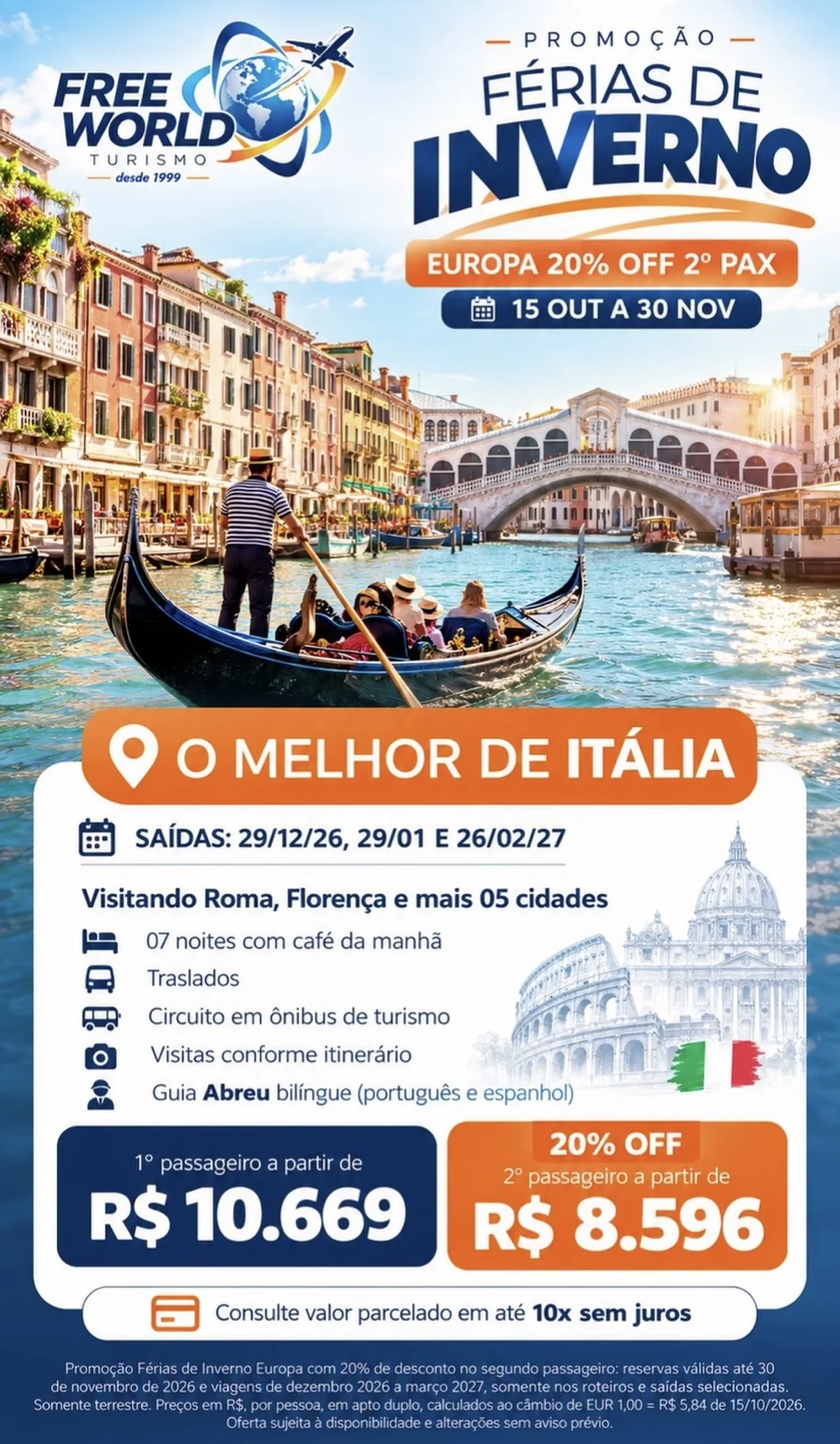 Free World Turismo oferece 20% de desconto para o segundo passageiro em viagens pela Europa